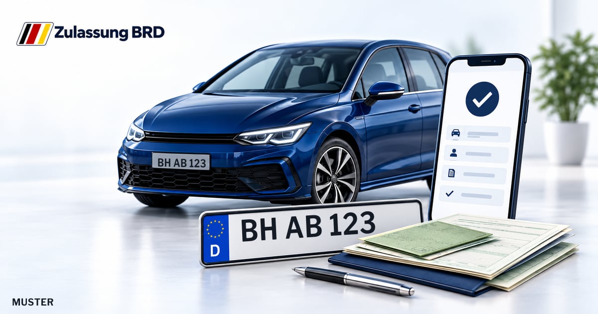 Online Fahrzeugzulassung in Appenweier: Musterkennzeichen BH AB 123, Auto und Fahrzeugpapiere und Smartphone. Illustration mit Logo von Zulassung BRD.